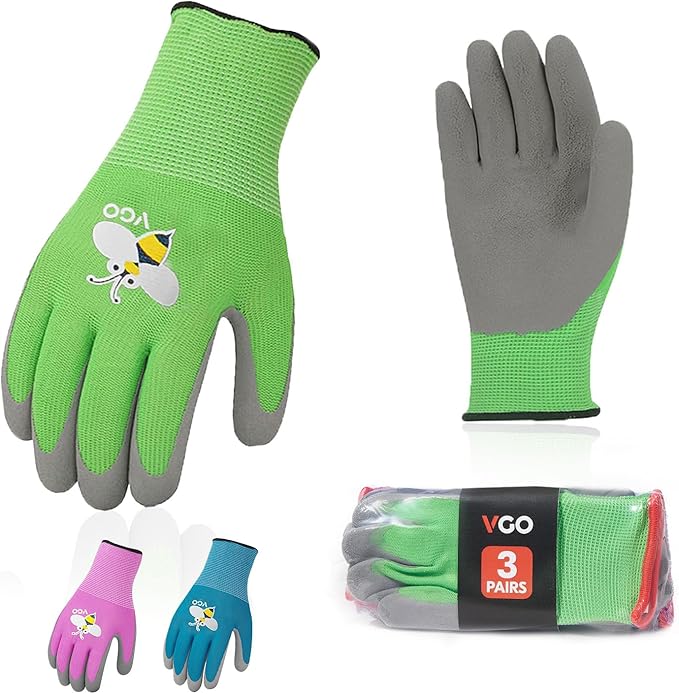 Vgo 3-Pairs Age 5-7 Kids Gardening Gloves, Children Yard Work Gloves, Soft Safety Rubber Gloves (XXS, KID-RB6013)