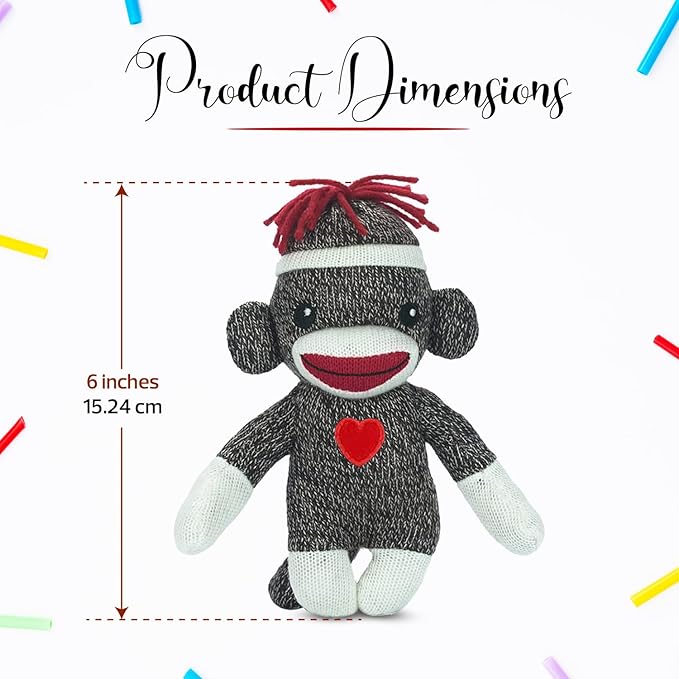 Adorable Sock Monkey 6 Inches, The Original Traditional Hand Knitted Stuffed Animal Toy Gift-for Kids, Babies, Teens, Girls and Boys Baby Doll Present Puppet (Brown)