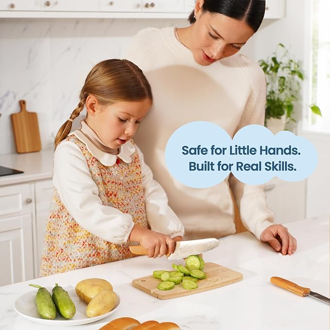 Kibbidea Kids Knife Set for Real Cooking Safe, 4pcs Kids Kitchen Cutting Chopping Knives, Food-grade Stainless Steel Blades, Metal Children First Starter knife, BPA-free Tool (Silver)