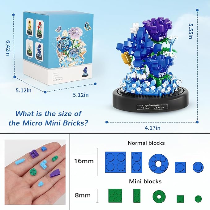 QLT QIAOLETONG Flower Bouquet Building Set, 630 PCS Blue Rose Mini Building Blocks Kit for Adults, Flowers Botanical Collection for Home Decor, Mother's Day for Her Mom Women Wife Girlfriend