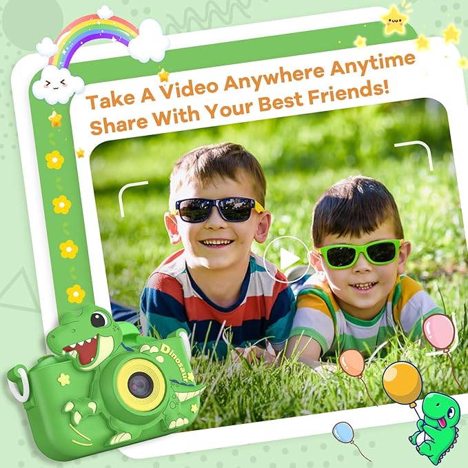 Upgraded 48MP Kids Camera for Girls Boys 3-12, Video Selfie Camera-Christmas Birthday Dinosaur Gift for Toddler, HD Digital Camera Toy for Child with 32GB SD Card & Silicone Cover (Green)
