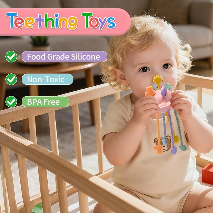 Silicone Baby Sensory Montessori Toys & Pull String Teething Toys for 6-12-18 Months, Toddler Birthday Gift Car Seat Airplane Travel Toy for 1 2 Year Old Boy Girl Infant 8 9 10 Months Old (Pink)