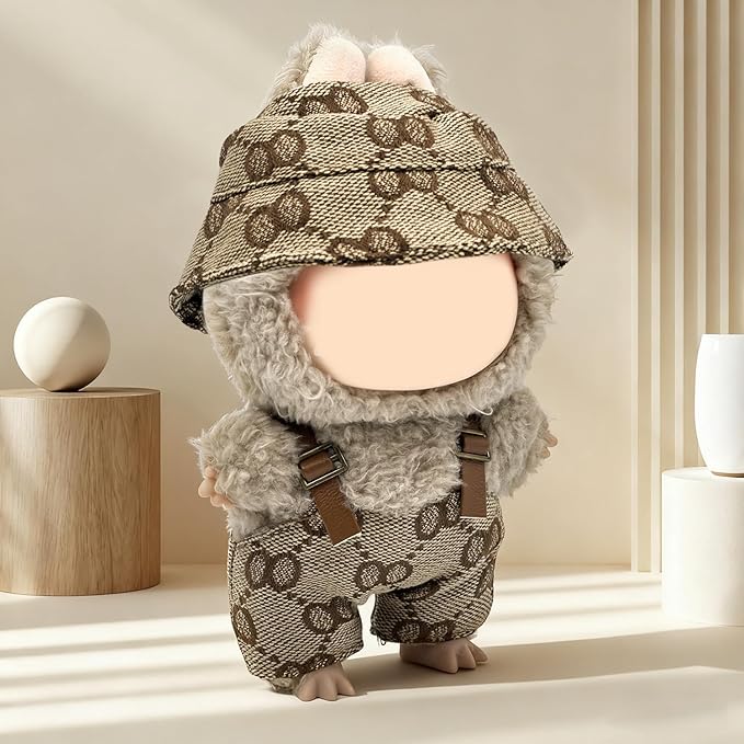 17cm Clothes Set(Only Outfit), Hat & Overalls Set for 6.7inch Doll, Cute Clothes for Dress up Unique Style, Stylish Clothes for Doll (Brown)