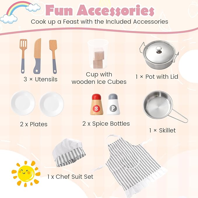 Costzon Corner Kids Kitchen Playset, Wooden Play Kitchen w/Sounds & Lights, Washing Machine, Range Hood, Ice Maker, Microwave, Oven, Sink, Pretend Toy Kitchen Set for Toddler, Gift for Boys Girls
