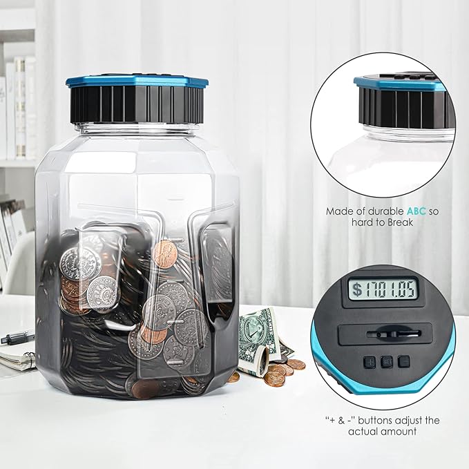 X-Large Piggy Bank for Adults Kids, Vcertcpl Digital Coin Counting Bank with LCD Counter, 2.4L Capacity, Great Coin Counter Bank Money Counting Jar with Total Amount Displayed (G Gray, X-Large)