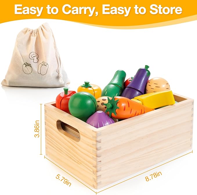 Wooden Play Food Set for Kids Kitchen | Cutting Veggies & Fruits Toy Food Set with Storage Case & Bag, Play Kitchen Accessories, Pretend Play Food for Toddlers 3+