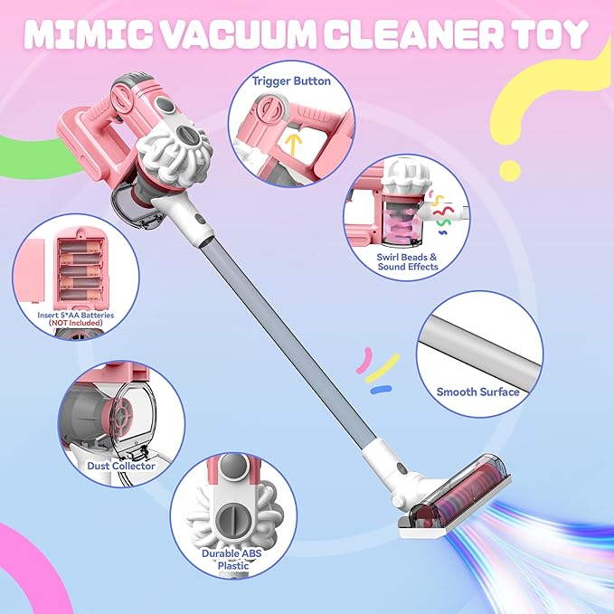 SMILESSKIDDO Kids Vacuum That Really Works - 3-in-1 Toy Vacuum with Real Suction, Apron, Cleaning Cloth, Duster & Colorful Beads, Toddler Cleaning Toy Set, Housekeeping Toy Gifts for Girls & Boys