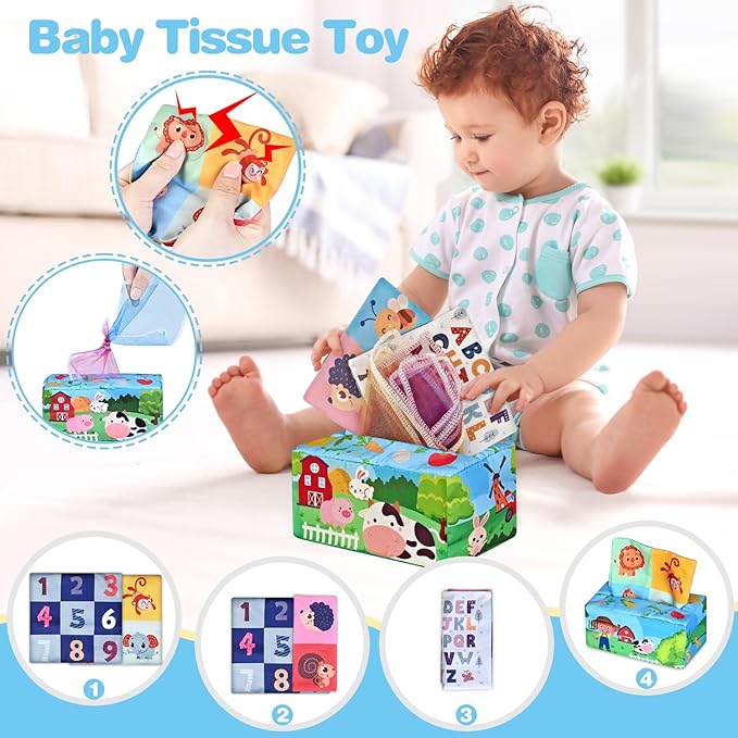 6 in 1 Baby Toys, 6-12 Months Baby Toys, 0-6 12-18 Montessori Toddler Gifts for Toddlers, Farm Animals Playset & Teething & Stacking Building Block Cup & Tissue Box & Sensory Bin for Development