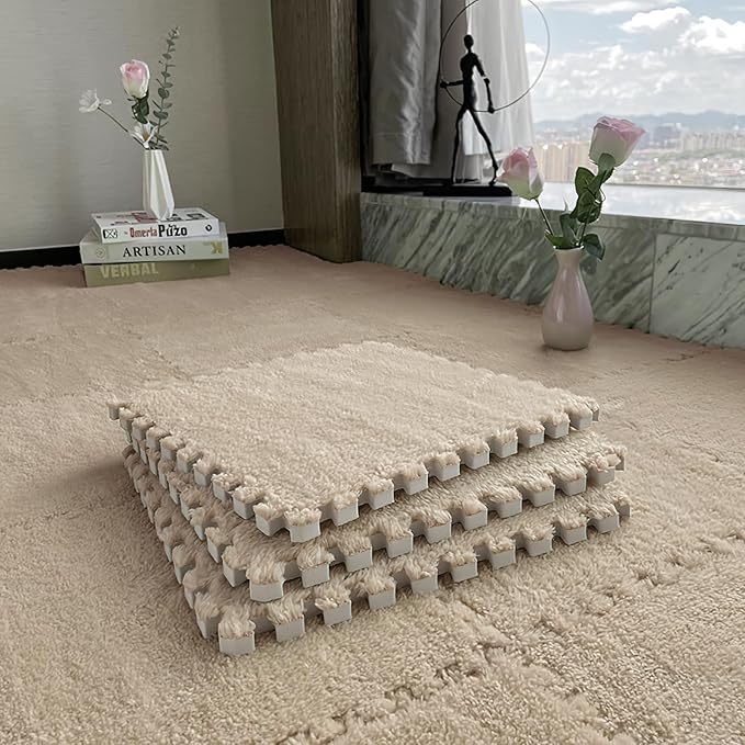 16pcs 0.6" Thickened Interlocking Tile Mats,Fluffy Shaggy Soft EVA Foam Area Rug for Living Room & Bedroom,Non-Slip Protective Floor Carpet Play Mat Kids Baby Dorm Home Decor (11.8ft, Khaki)