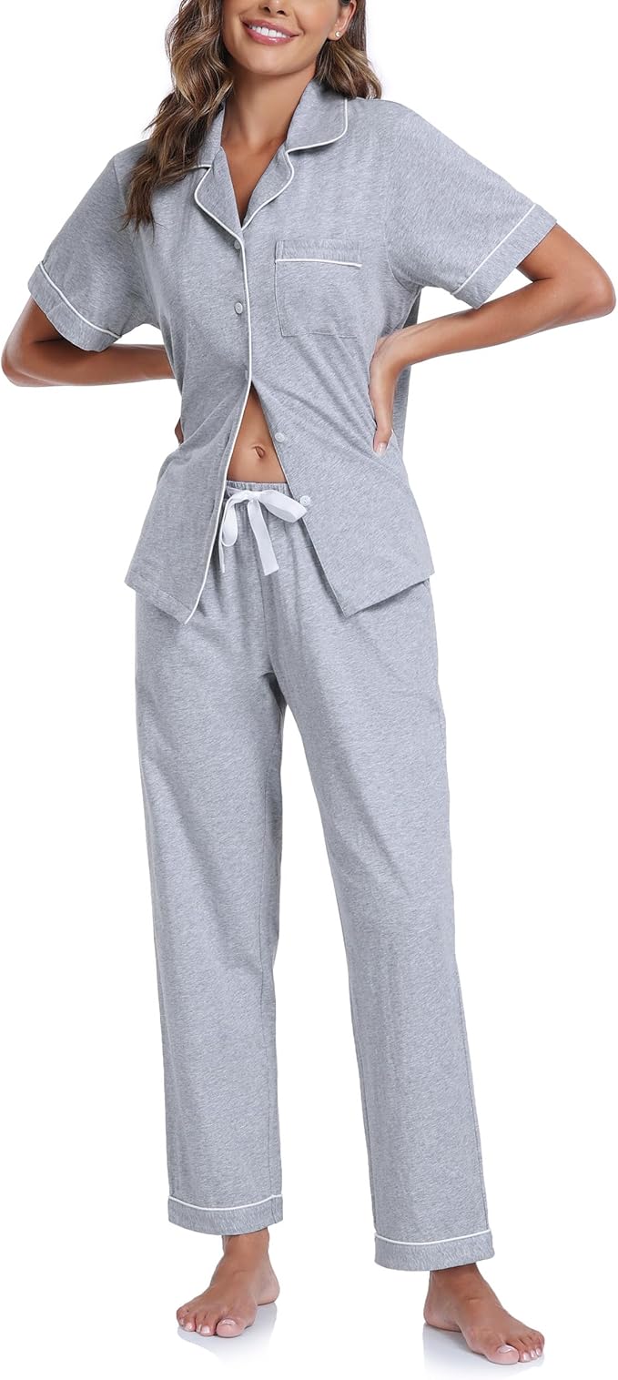 CF Womens 100% Cotton Pajamas Set Button Down Pjs Sets Short Sleeve Top & Long Pants Sleepwear Comfy Loungewear with Pockets