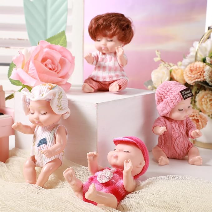 Hanaive 4 Pcs 4 Inch Mini Baby Dolls Lifelike Realistic Baby Dolls Animal Clothes Cute Tiny Gifts for Kids Birthday Party(Homey Style)