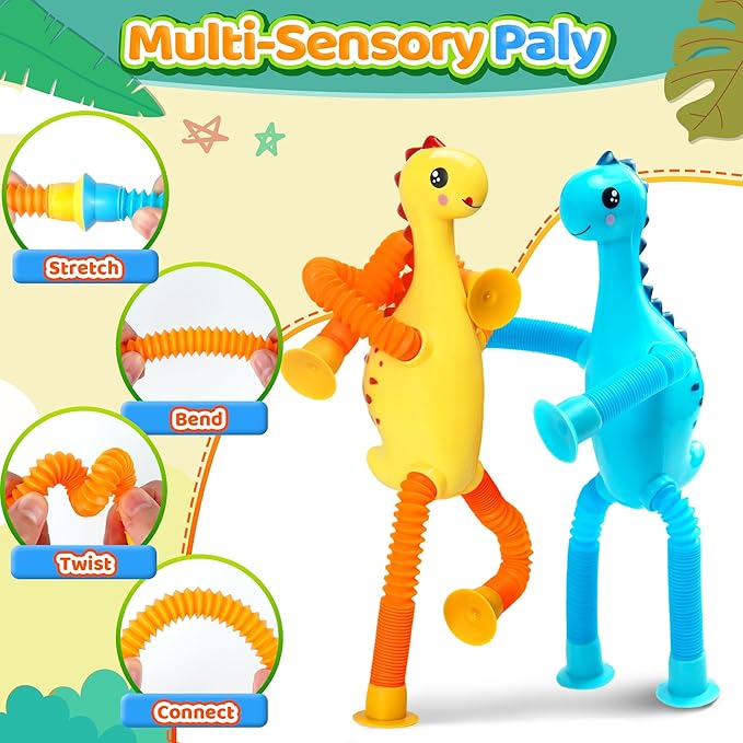 Sensory Travel Toys Chirstmas Stocking Stuffers Gift for Toddlers Kid Boy Year Old Ages 3+ Airplane Activities Suction Autism Pop Tube Fidget Toys Autistic Items Valentine for Kids (8pc-Dinosaur)