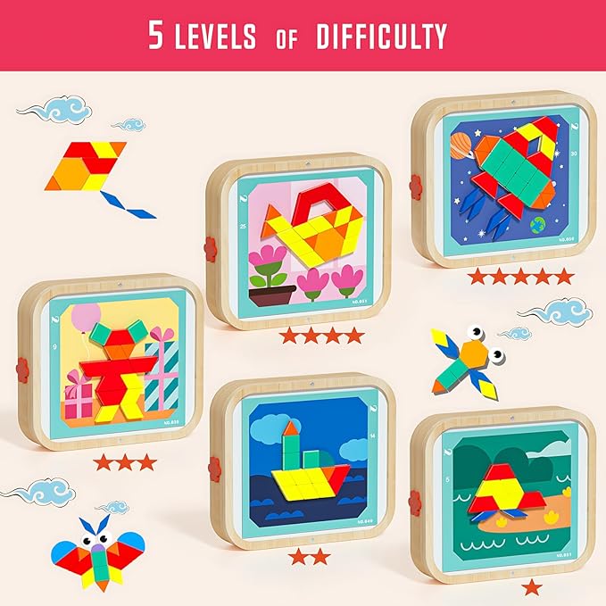 288 PCS Wooden Magnetic Pattern Blocks Set – Montessori Tangram Puzzle with Pattern Cards & Storage Bag | Preschool Montessori Brain Teaser, STEM Gift for 3-8 Years Old Toddler Kids