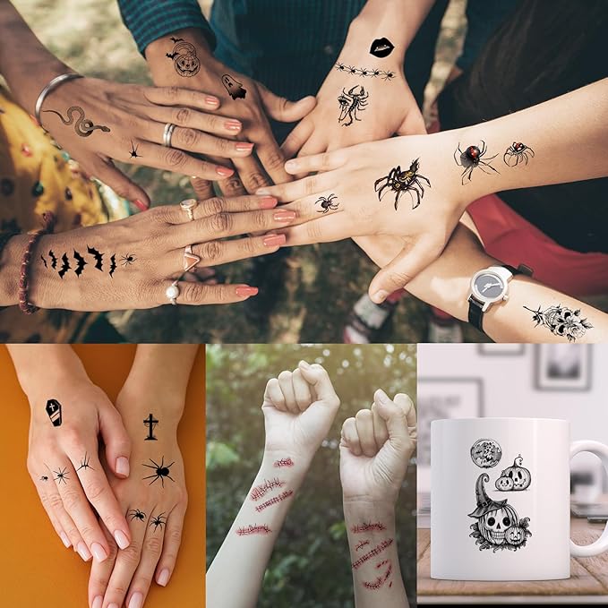 52 Sheets Black Halloween Temporary Tattoos for Kids Men Women, Include 10 Sheets Large Half Arm Sleeve Fake Tattoos, 200+ PCS Spider Snake Tiger Lion Skull Bat Vampire Scar Halloween Tattoos