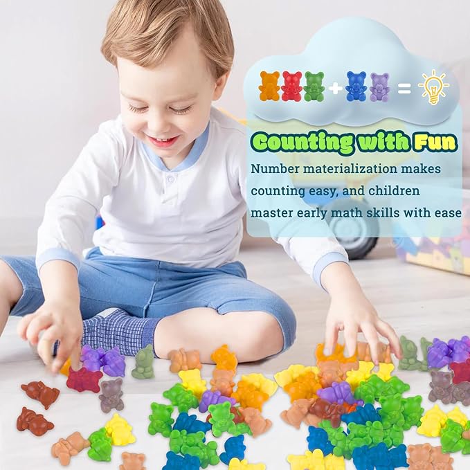 XINHUIDALSQ Rainbow Counting Bears Set of 200, 10 Colors Sorting Teddy Plastic Bears Math Manipulatives for Toddlers, 1 Inch Bear Conters Ages 3+ Kids
