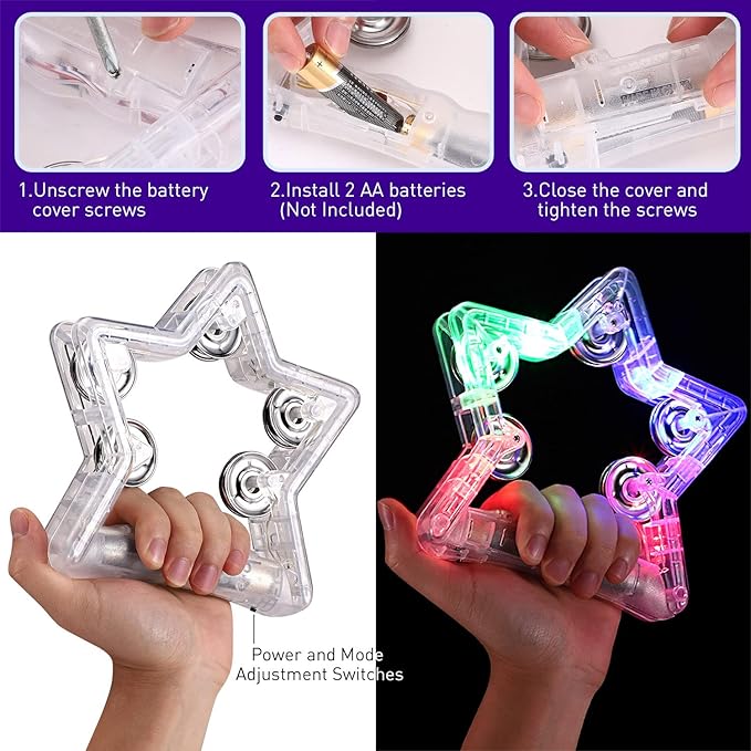 Facmogu 2 Pack Light Up Tambourines W/ 10 Metal Jingles, 3 Modes LED Flashing Musical Tambourine Handheld Percussion Instrument Glow Tambourine for Wedding Party Halloween Christmas Music Stage