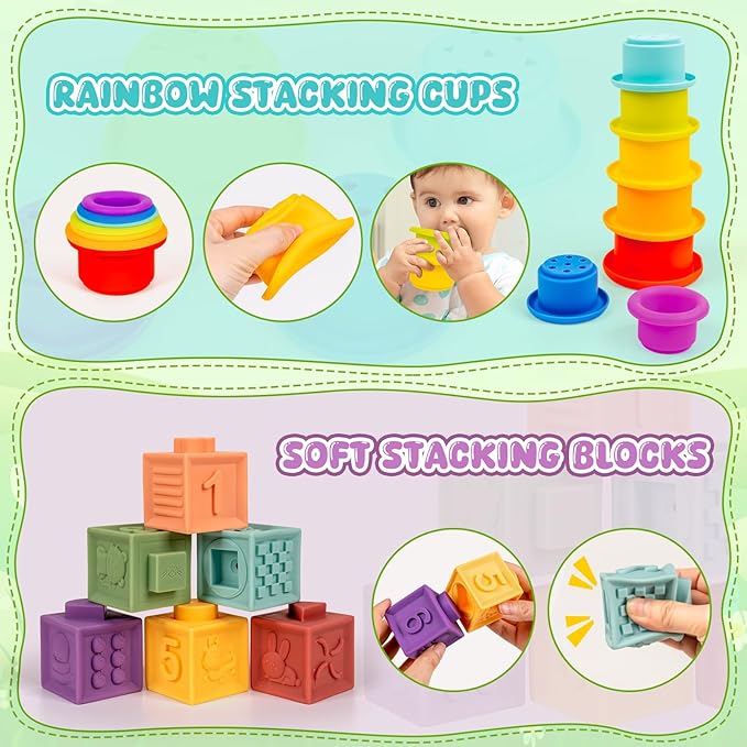 Montessori Baby Toys for Ages 6–18 Months with Sensory Shape Sorter Matching Game Toy Stacking Ring Soft Building Blocks Developmental Learning Toys for Toddlers 1+ Year Old
