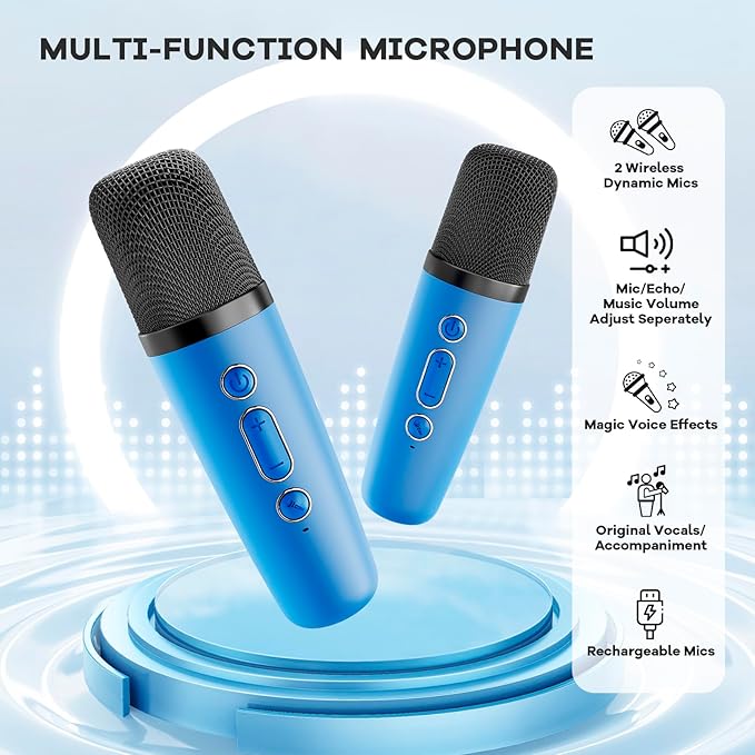 Mini Karaoke Machine for Kids Adults, Portable Bluetooth Speaker with 2 Wireless Microphones, Birthday Gifts Toys for Girls Boys Ages 3, 4, 5, 6, 7, 8, 9,10,11,12+ Years Old Toddler (Royal-Blue)