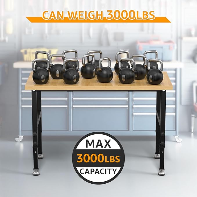 48" Adjustable Workbench,Heavy-Duty Work Table,3000 LBS Load Capacity Particleboard Hardwood Workstation Outlets with Fixed feet,for Workshop, Garage