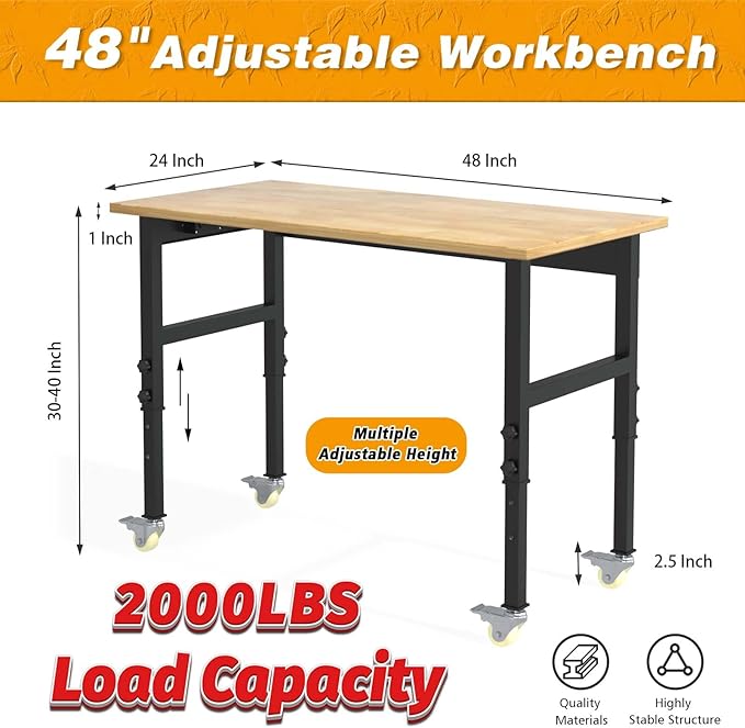 48''x24 Solid Wood & Heavy-Duty Work Bench Workbench, Adjustable Height Work Table, 2000 LBS Capacity Workstation Work Benches for Garage, Workshop, Repair Shop