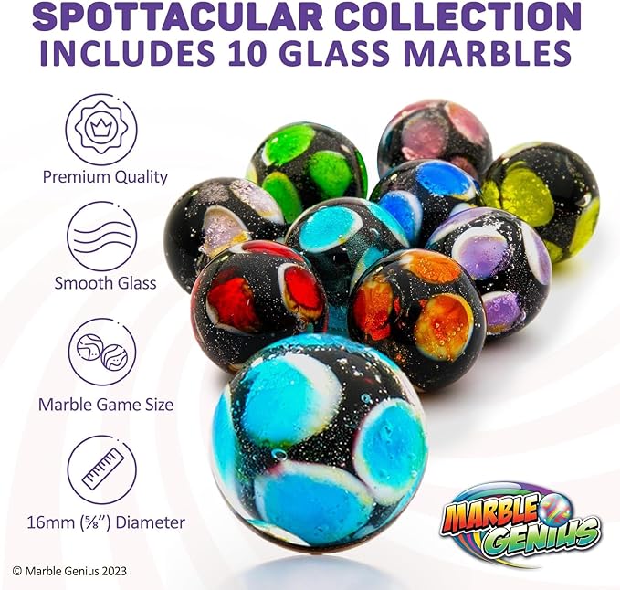 Marble Genius Collectors Marbles, Spots, 16mm (⅝ Inch), 10 Handmade Glass Marbles, Gifts for Marble Lovers, Gifts for Kids Ages 3+