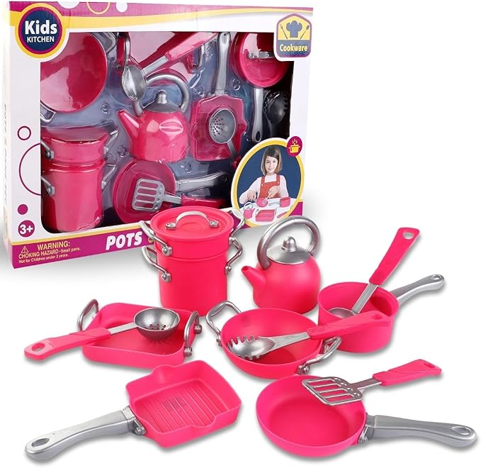 Pink Play Kitchen Cookware Toys Pots and Pans Cooking Utensils Accessories Pretend Playset for Toddlers, Kids, Girls (13 Pcs)