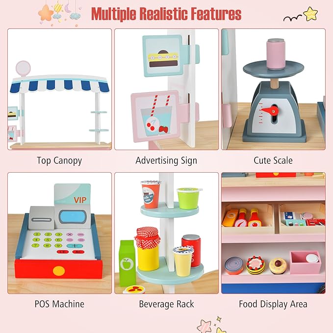 Costzon Kids Grocery Store Playset, Toddler Pretend Market Stand Shop Play Set w/ 30PCS Play Toy, Beverage Rack, Cash Register, Scale, Large Wheels, Wooden Food Cart, Gift for Boys Girls 3+ (Pink)
