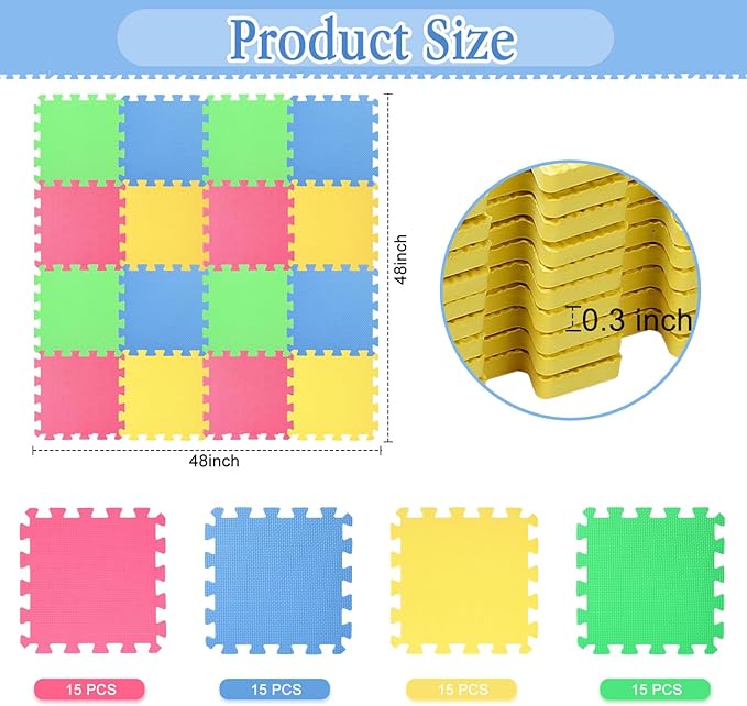 Nuanchu 60 Pcs Kids Foam Puzzle Floor Mat Bulk Solid Color Foam Play Mat with Borders Interlocking Multi Use Floor Rug for Baby Toddler Children 12 Inch (Green, Blue, Yellow, Red)