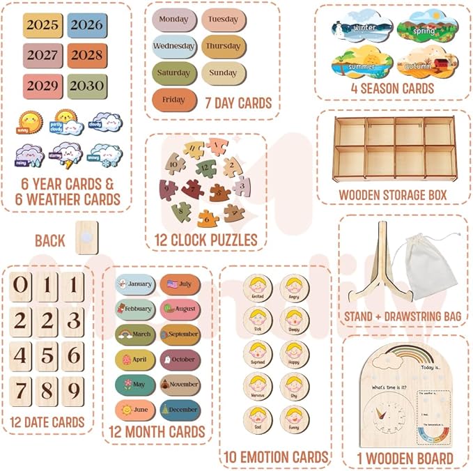 Interactive Calendar for Kids Ages 3+, Wooden Toddler Calendar, Teaching Seasons, Years, Months, Days of Week, Daily Activity Calendars for Kid Preschool & Homeschool (04 - Rainbow)