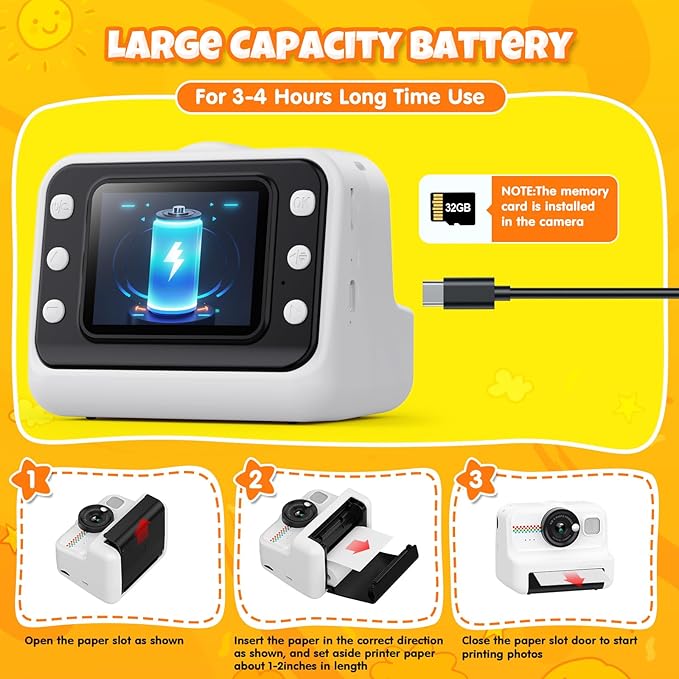 Kids Instant Print Camera, 1080P HD Kids Camera Instant Print with 3 Rolls Print Paper & 32GB Card, Ideal Kids Toys Gifts for Boys & Girls Age 3-14 (Black)