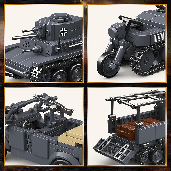 4 IN 1 WW2 Army Tanks Toy Building Block Set(1089 Pcs),Compatible with Lego,Create German 38T-A Light Tank&3 German Style Small Military Vehicles Models Great Military Toy Gift for Boy Age 6+ Year Old