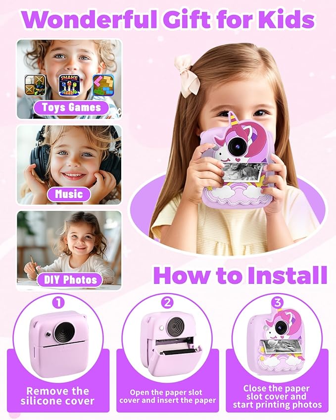 Kids Camera Instant Print, Christmas Birthday Gifts for Gils Age 3-8, 48MP &1080P Children Camera with Silicone Cover, Portable Toy Instant Camera for Kids 3 4 5 6 7 8 9 10 Year Old Girls