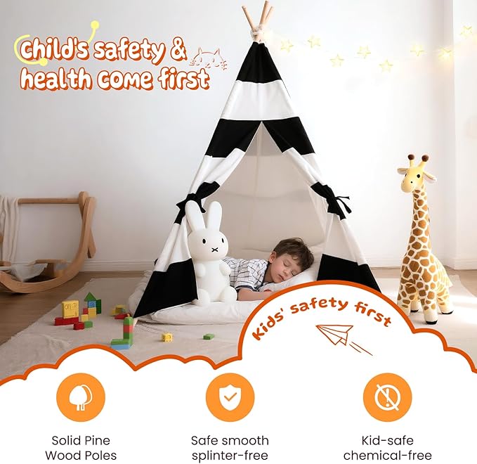 Teepee Tent for Kids with Lights, and Carry Bag, Washable Playhouse for Indoor Use, Ideal Play Tent for Girls and Boys, Stripe Black