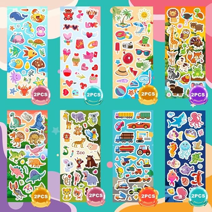 48 Sheets Stickers for Kids, Cute Kids Stickers Variety Pack for Scrapbooking, Teachers Classroom Prizes, Goodie Bag Stuffers Including Animals, Cars, Dinosaurs, Fishes, Hearts, Stars and More