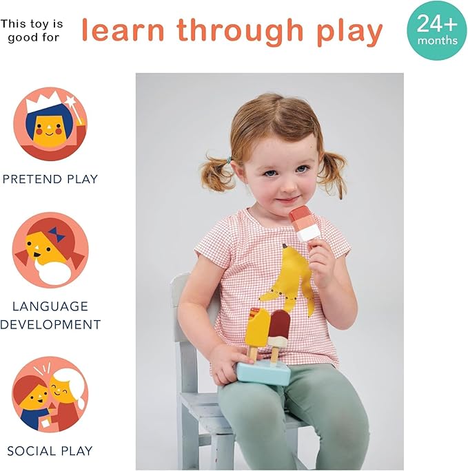 Mentari Toys - Sunny Ice Lolly Stand - 5pc Wood Ice Lolly Popsicle Play Food Set with Base - Pretend Play Food Accessories - Encourage Role Play and Develop Social Skills - Gift for Toddlers - Age 2+