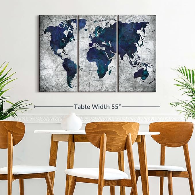 ElephantStock Deep Blue World Map Multi Piece Canvas - 3 Panel Wall Decor - Map of the World Art - Canvas for the Office and Home - 50" X 32"