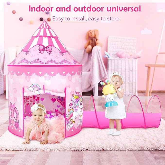 3PC Princess Tent for Girls with Kids Ball Pit and Crawl Tunnel for Toddlers, Pink Pop Up Playhouse Toys Indoor& Outdoor for Birthday Gifts