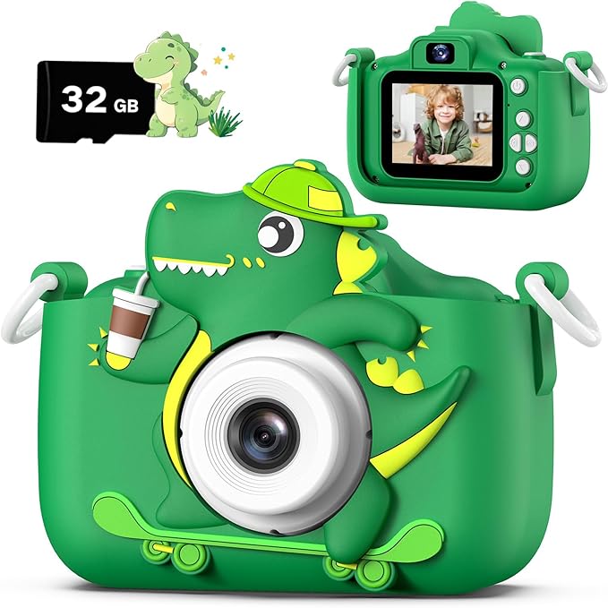 Dwfit Upgrade Selfie Kids Camera, Christmas Birthday Gifts for Boys Girls Age 3-12, HD Kids Digital Video Cameras for Toddler with Cartoon Soft Silicone Cover, Portable Toy for 3 4 5 6 7 8 Years Old