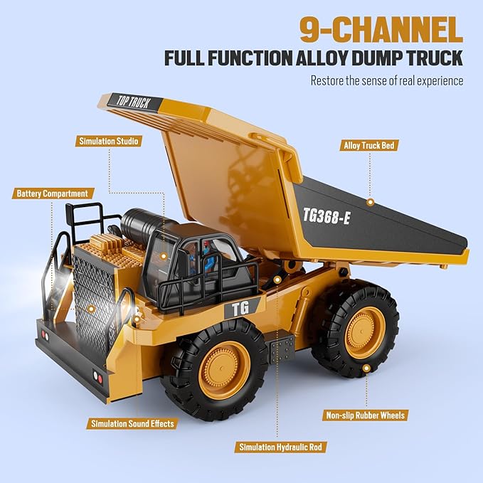 RC Dump Truck Toy, 9-Channel Remote Control Toy with Metal Bed & Light, Rechargeable Battery, Kids Construction Vehicle Truck Toys for 3+ Boys, Perfect 2024 Kid Birthday Gift for Ages 3-12+