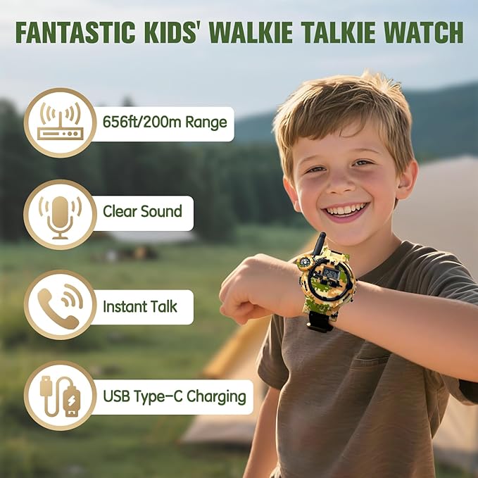 Walkie Talkies for Kids Rechargeable 2 Pack, Long Range Camo Walkie Talkie for Boys Age 8-12, Wrist Walkie Talkie Spy Watches for Kid, Kids Walkie Talkies 2 Pack for Christmas Birthday Gift