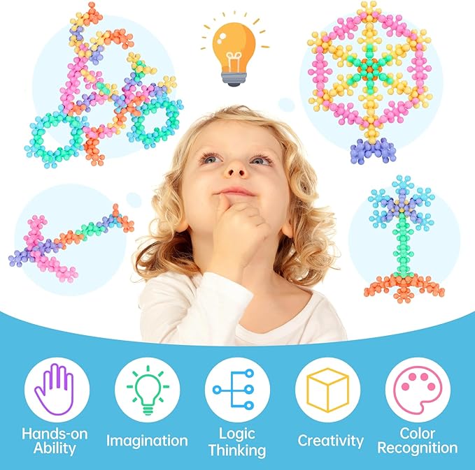 300PCS Interlocking Snowflake Building Block Toy for Kids Ages 3+, Multi-Color Solid Plastic Early Learning Creativity Educational STEM Toy with Carrying Case Safe Material (Macaron Colors)