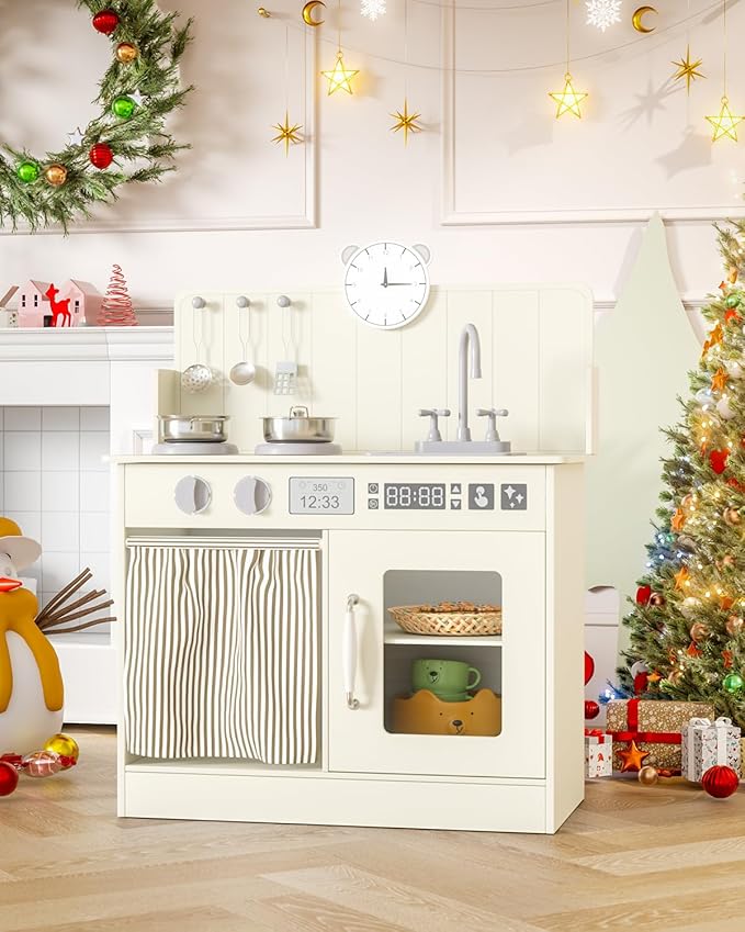 MAMIZO Kids Kitchen Playset with Ample Storage, Interactive Play Kitchen with Simulated Gas Cooker, Clicking Knobs, Sink, Faucet, 6 Pcs Cookware, Educational Clock for Toddlers (Cream)
