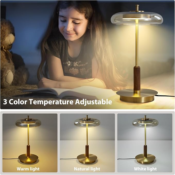Small Table Lamp for Bedroom-Brass Base Mushroom Table Lamps,Amber Glass Shade,LED Three Color Temperature Adjustable Brightness Modern LED Side Table and Desk Lighting(H 15.4 in)