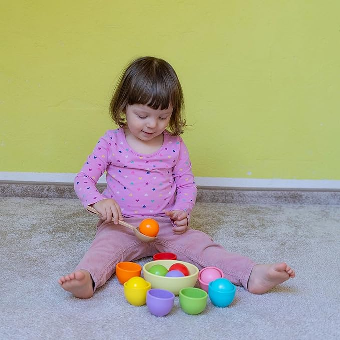 Montessori Larger Ball in Cup Color Sorting Toy for Toddlers Wooden Rainbow Ball Color Matching Toy - 7, 46mm