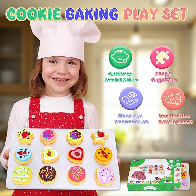 Slice and Bake Wooden Cookie Play Food Set for Kids Kitchen - Toy Food Accessories - Kids Pretend Cookies and Baking Sheet, Toy Baking Set for 3+ Year Old Boys Girls Birthday Gifts