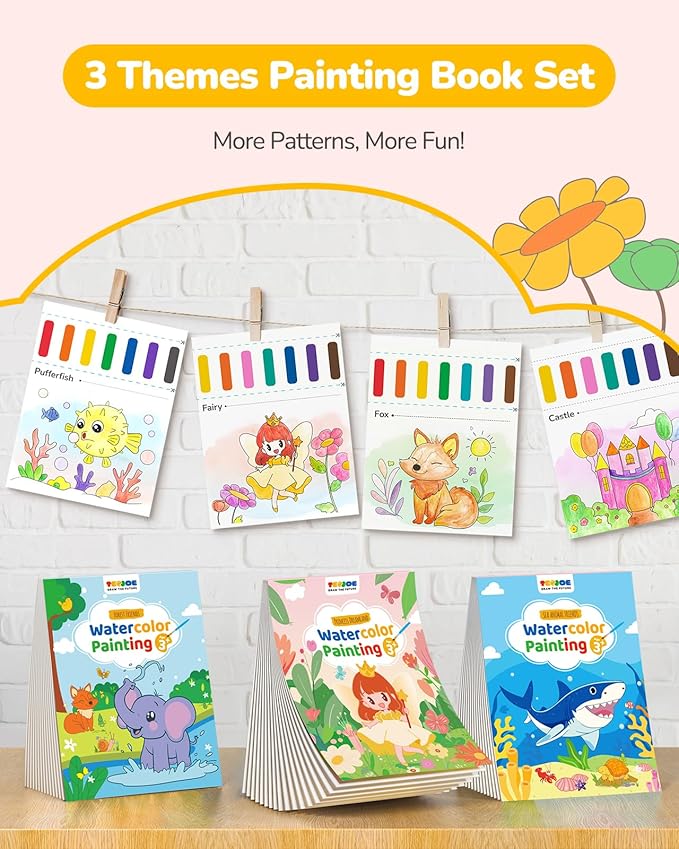TECJOE 3 Pack Paint with Water Coloring Books for Toddlers, Watercolor Painting Set with 6 Brushes, Travel Activities for Kids Ages 1-3 4-8, Birthday Gifts Arts & Crafts Toy, Princess, Forest & Sea