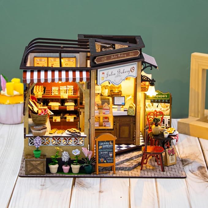 DIY Miniature House Kit, Tiny House Kit with LED, DIY Miniature Kit for Adults Teen, Wooden Dollhouse Kit, Home Decor, Bakery