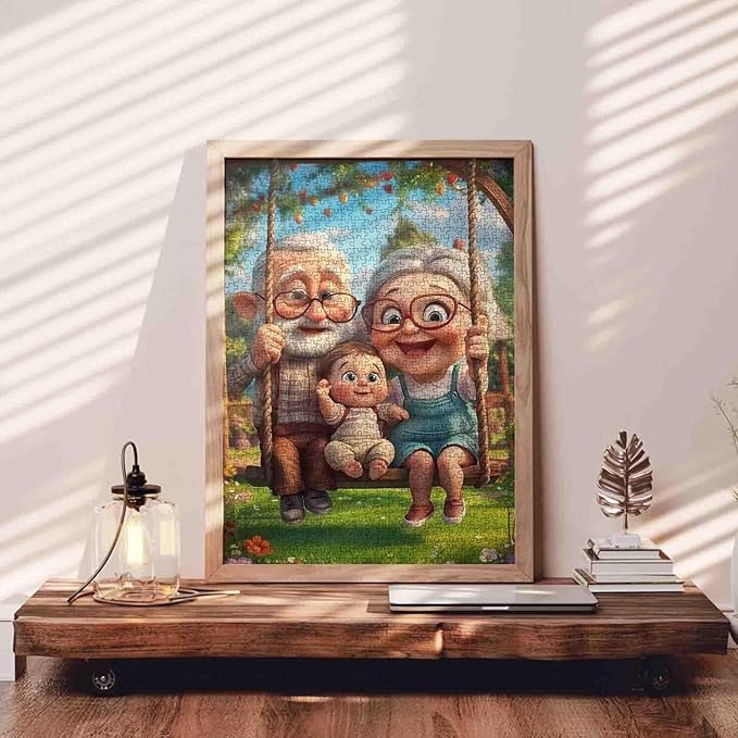 Happy Grandparents with Baby On Swing 1000 Piece Jigsaw Puzzle for Adults Students Garden with Wooden House Bright Colorful Art 20×27 Inches Relaxing Fun Puzzles for Brain Exercise and Home Decor