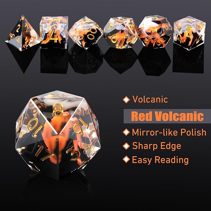DNDND Volcanic Sharp Edge Resin Dice Set - 7PCS Lava Flow DND Dice for Dungeons and Dragons with Metal Case, Precision Polyhedral RPG Dice Gift for Gamers