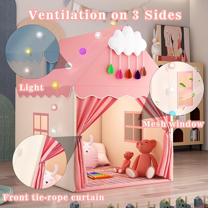 Pink Kids Play Tent with Mat, Cloud and Ball Lights Large Playhouse for Children and Girls Princess Castle Tent for Bed- Indoor & Outdoor Toddler Camping Tent(Cloth Door & Metal Rack)